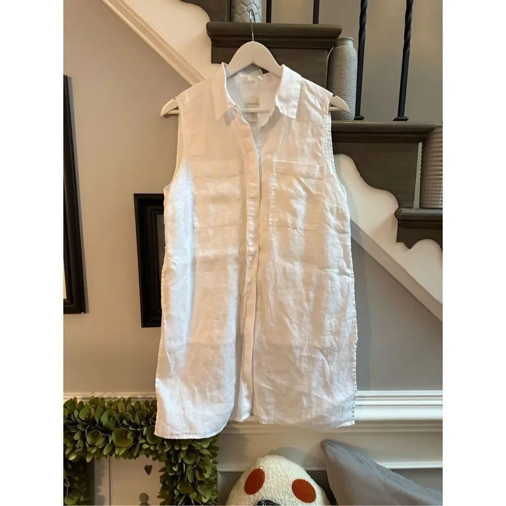 Chico’s White Linen Blend Button Down Layered Tunic Top sz 3 or XL EUC